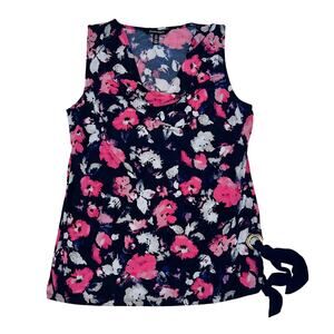 Ellen Tracy Navy/Pink/White Floral Sleeveless Waist Side Tie Top -SIZE MEDIUM